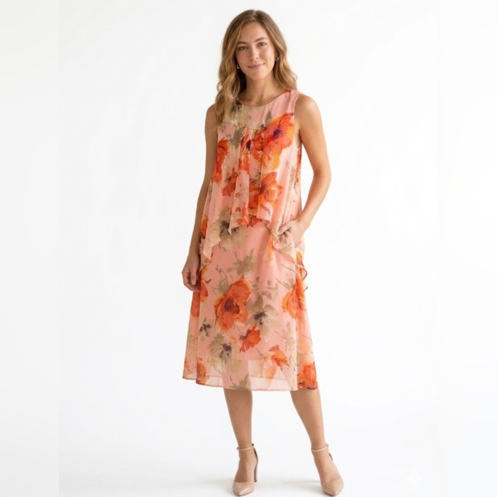 Ralph Lauren Pink and Orange Floral Sleeveless Midi Dress